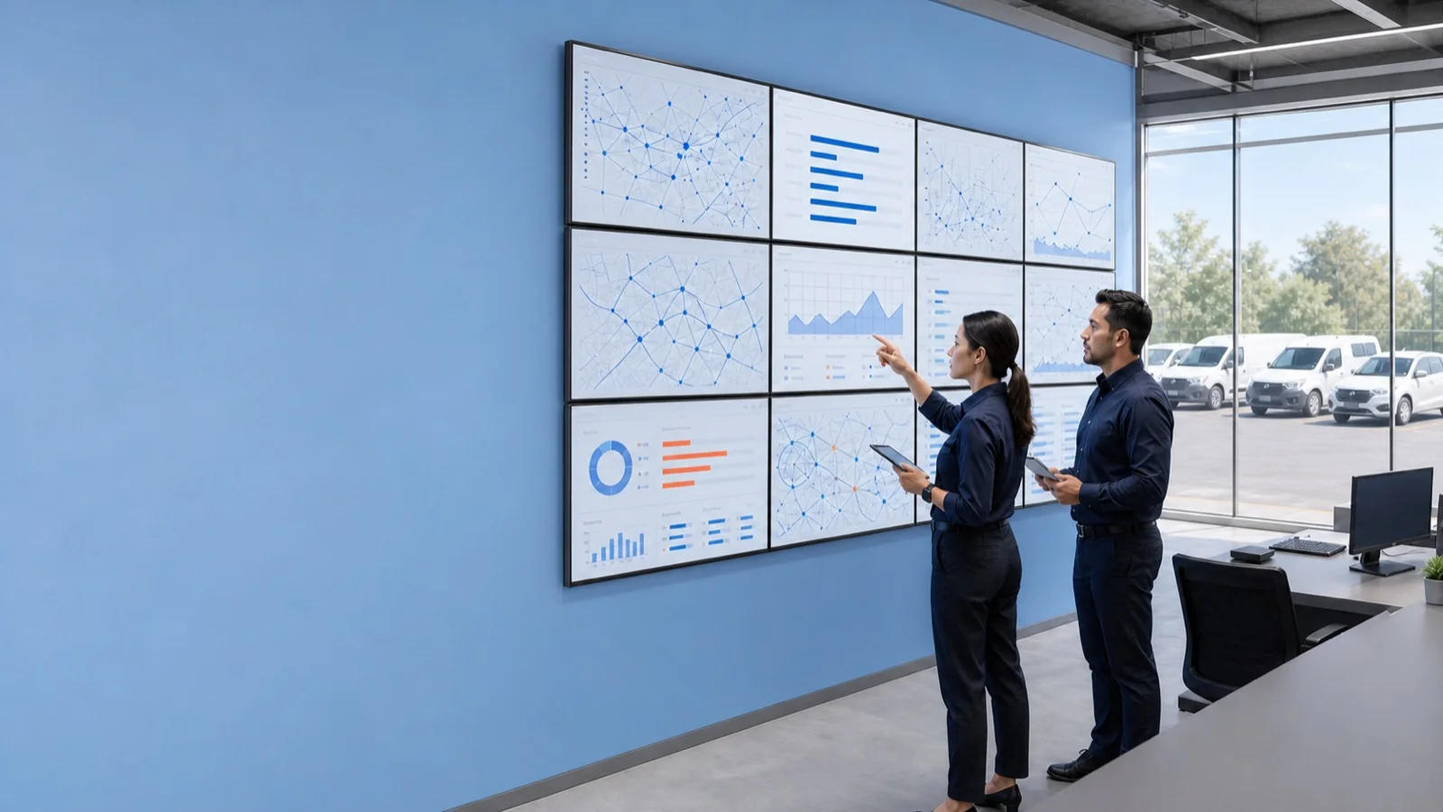 Equipo analizando datos de movilidad empresarial en un panel de control.