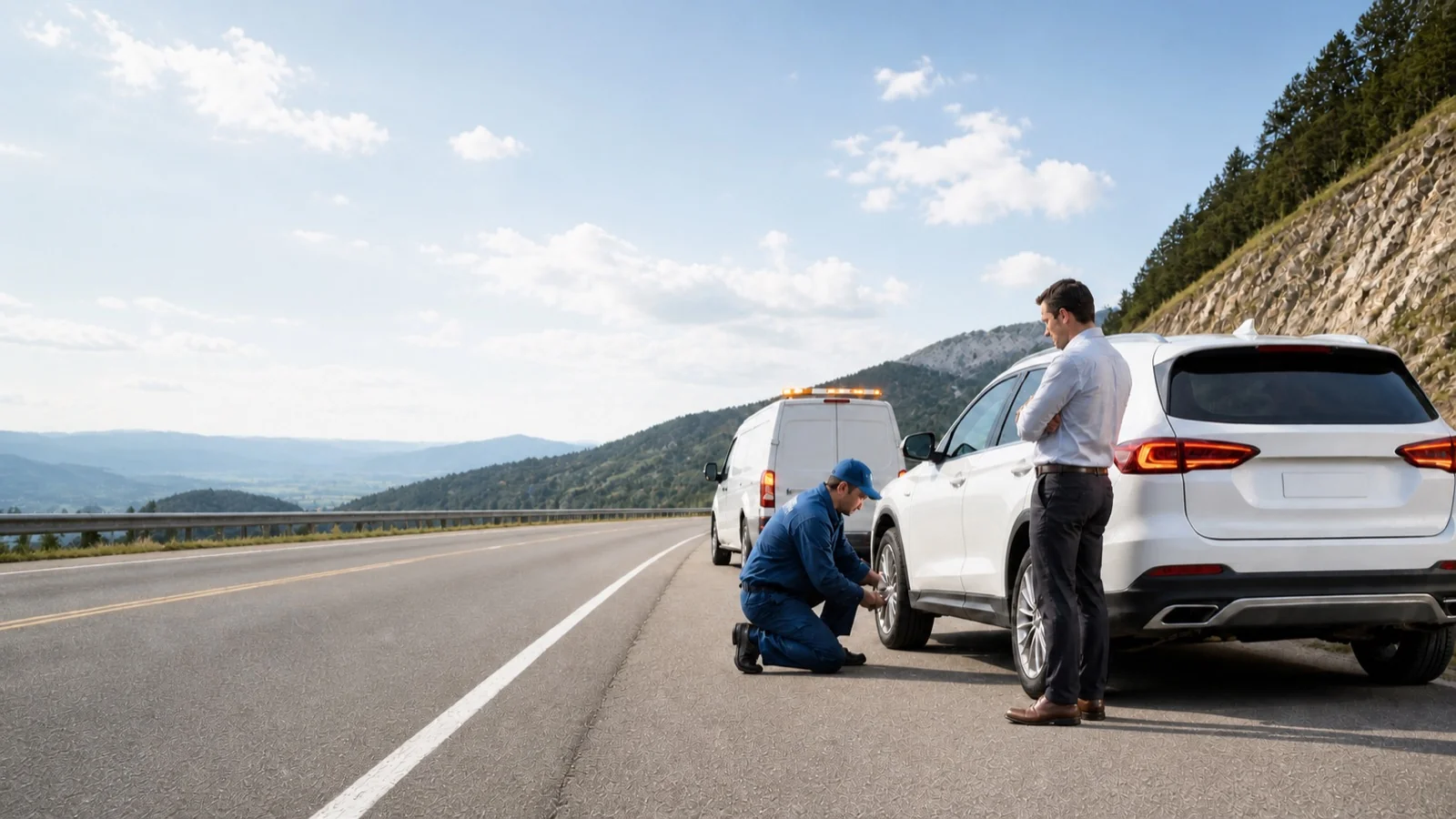 Técnico revisando un vehículo liviano detenido en carretera.