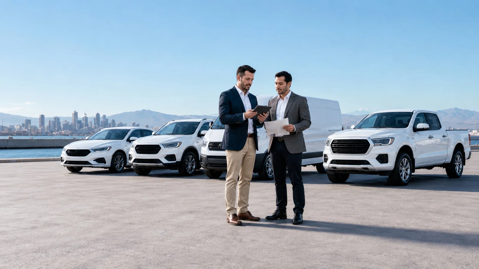 Asesor y cliente revisando durante el día la configuración de una flota de vehículos livianos.