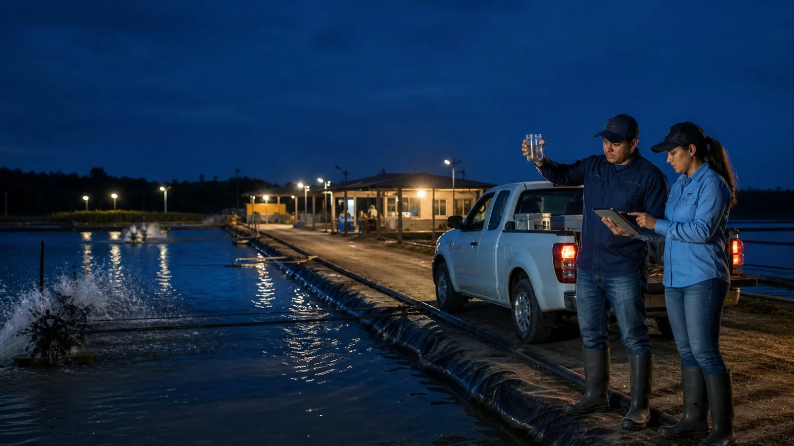 Profesionales de una operación acuícola revisando una muestra junto a piscinas y un vehículo liviano durante la noche.