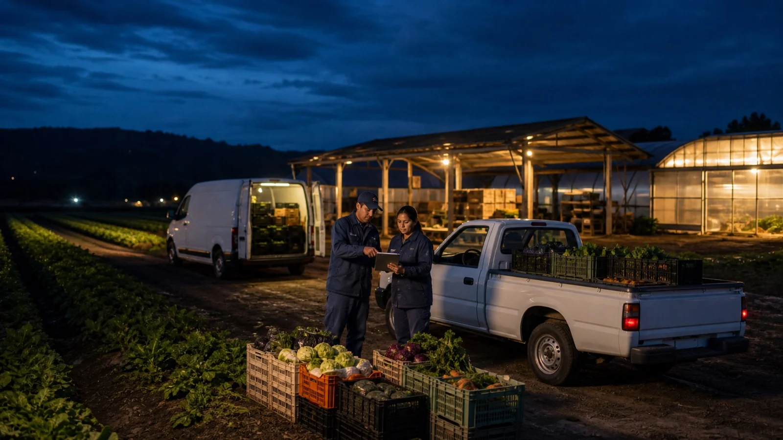 Equipo de trabajo coordinando productos agrícolas junto a vehículos livianos en una operación nocturna.
