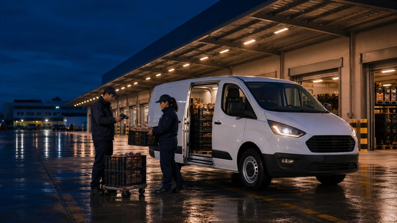 Personal operativo coordinando alimentos y un vehículo comercial liviano en un centro de distribución durante la noche.