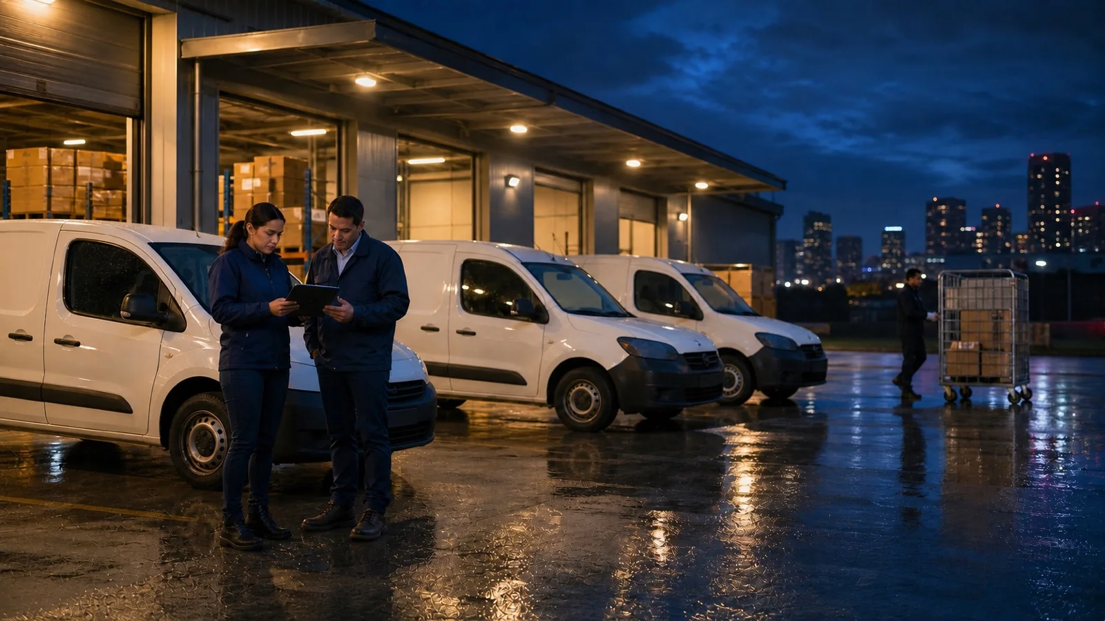 Equipo de logística coordinando rutas nocturnas junto a una flota de vehículos comerciales livianos sin marca.