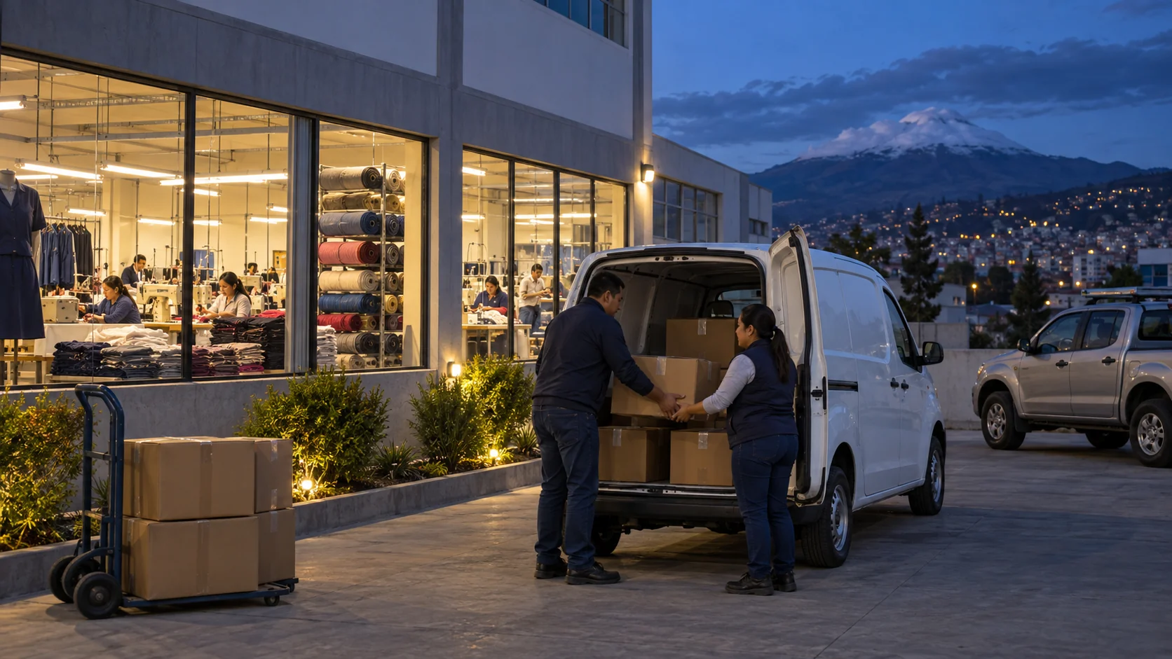 Personal de una empresa textil panameña coordinando despachos con vehículos livianos.