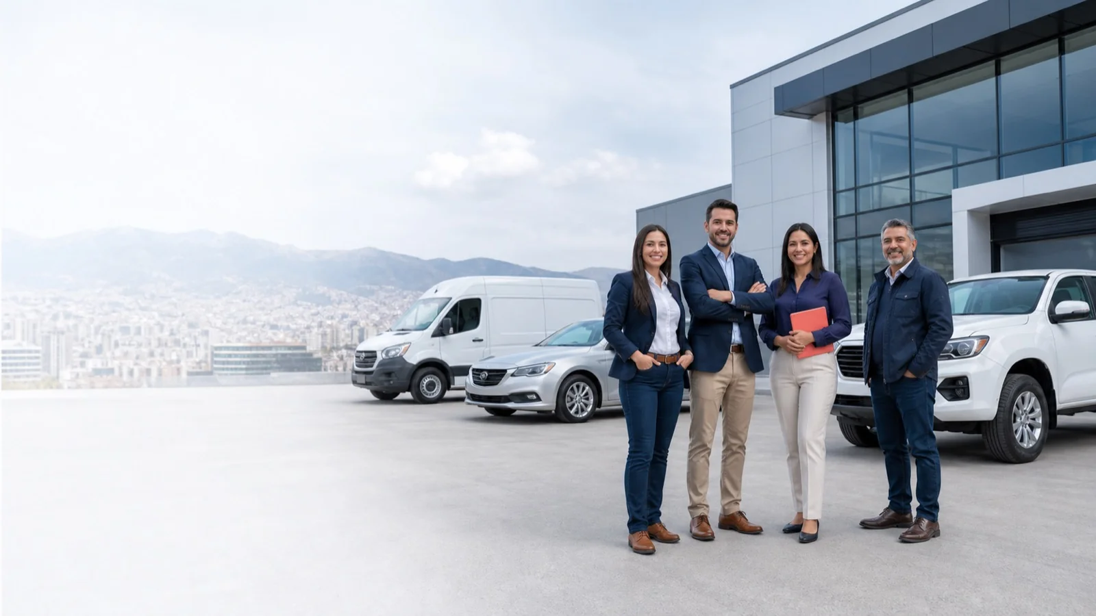 Equipo de Renting Pichincha junto a vehículos livianos frente a sus oficinas.
